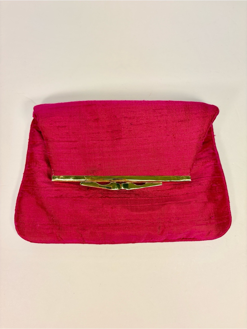 Vintage Raw Silk Fuchsia Clutch with Gold Frame